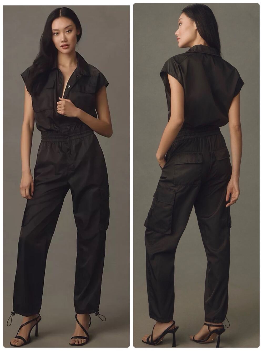 Pistola Jade Utility Jumpsuit XL Black Smocked Drawstring Waist Pockets Chic
